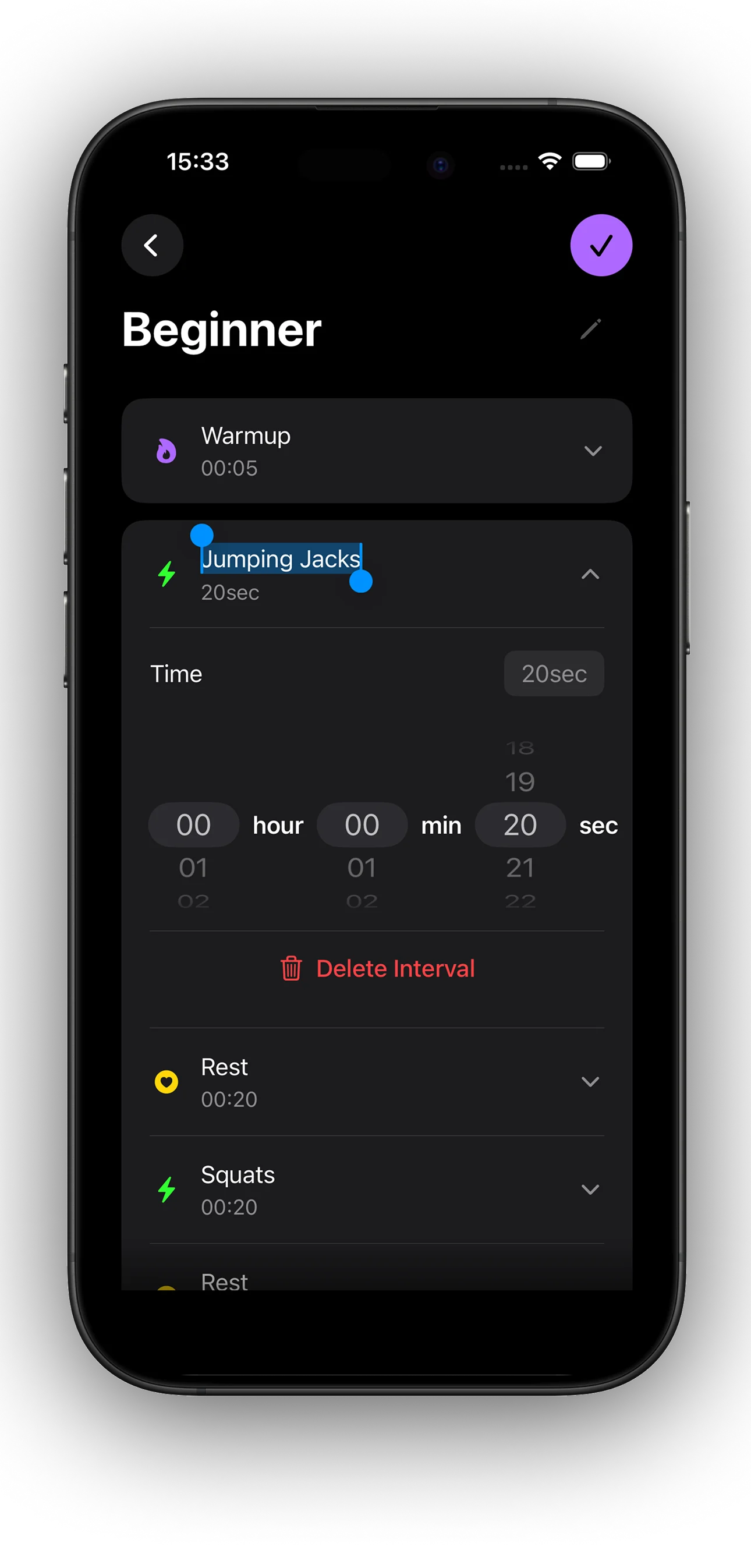 Workout Builder screen